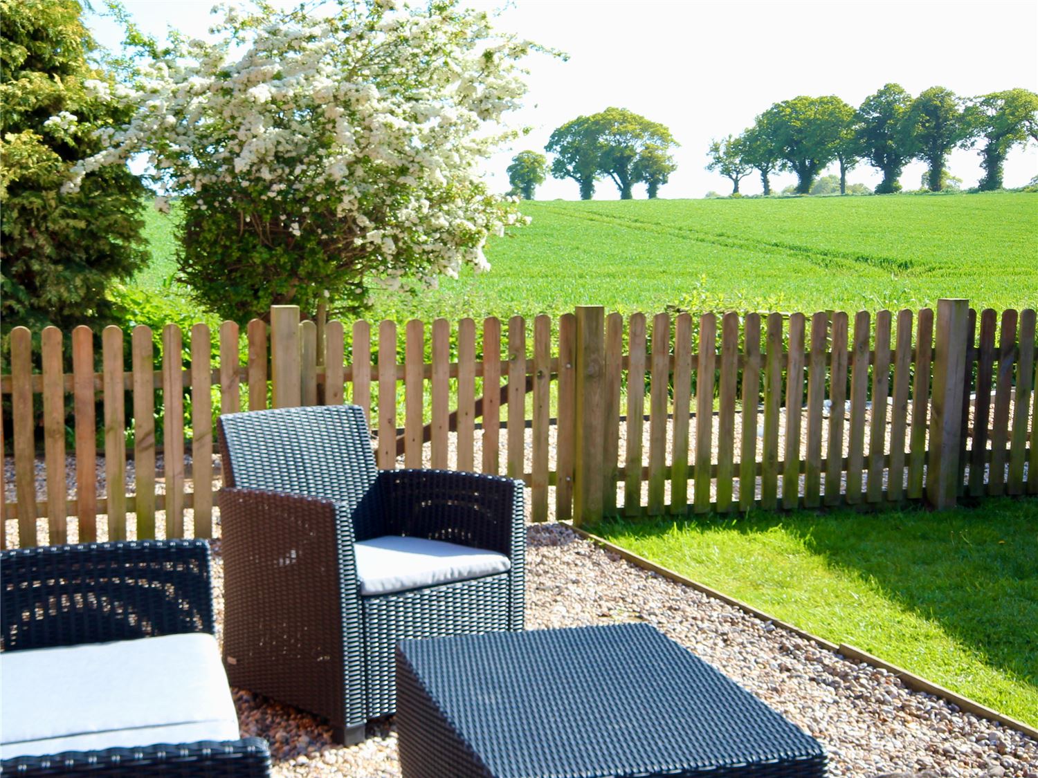 Outdoor seating with countryside views at Norfolk Broads dog friendly holiday cottage for 4